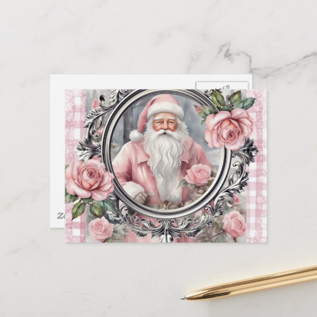 Adorable Vintage Pink Santa Vykort (Fram/Back In Situ)