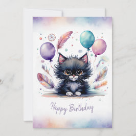 Adorable Watercolor Black Kitten Happy Birthday Julkort