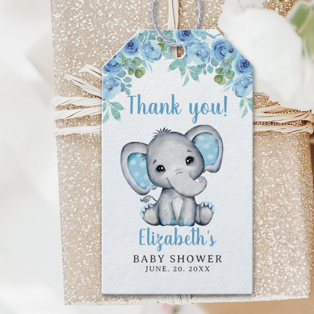 Adorable Watercolor Blue Elephant Baby Shower boy Presentetikett (Skapare uppladdad)