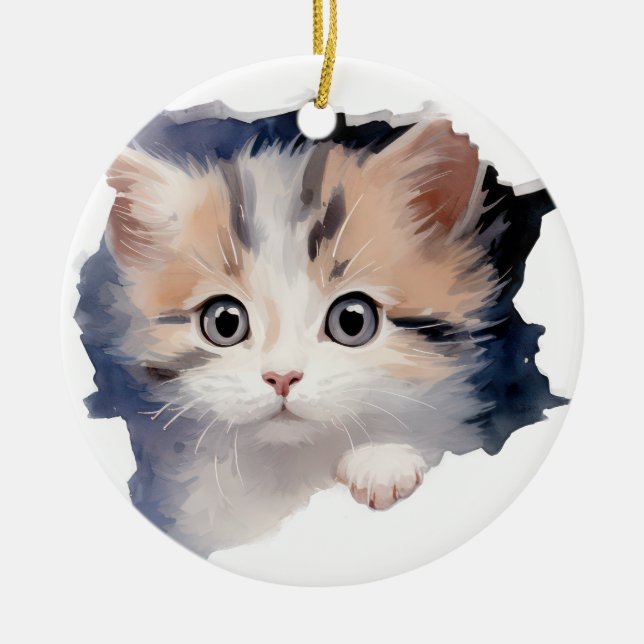 ADORABLE WATERCOLOR CALICO KITTEN ANSIKTE JULGRANSPRYDNAD KERAMIK (Framsidan)