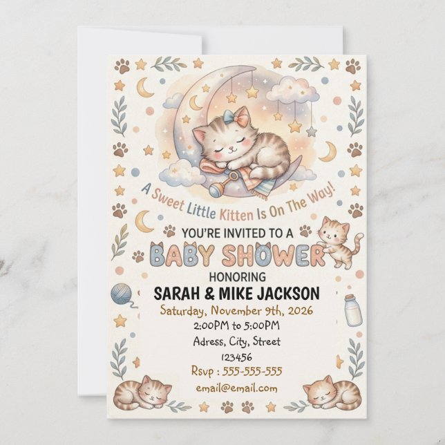 Adorable Watercolor Cat Themed Baby Shower Inbjudningar (Framsida)