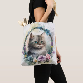 ADORABLE WATERCOLOR GRÅTT TABBY KITTEN FLOWERS TYGKASSE