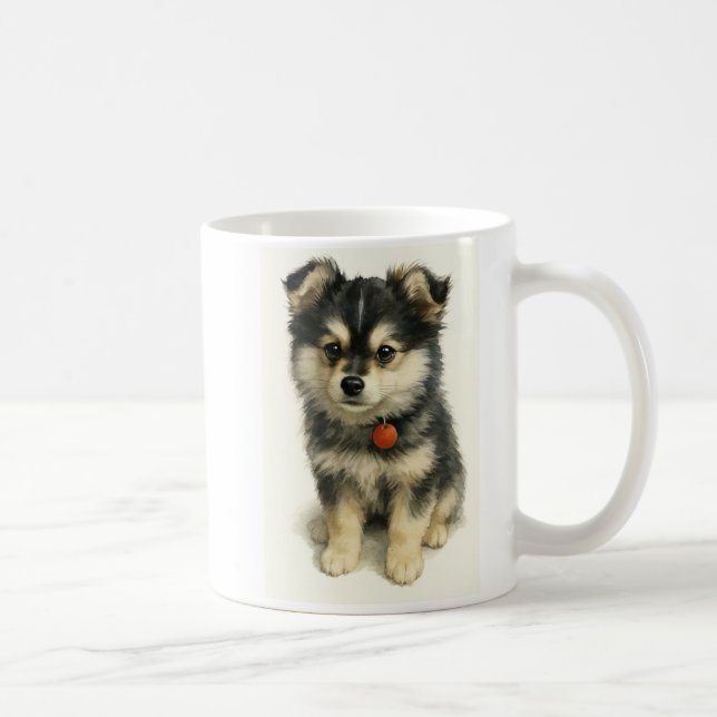 Adorable Watercolor Pomchi Puppy Portrait  Kaffemugg (Höger)