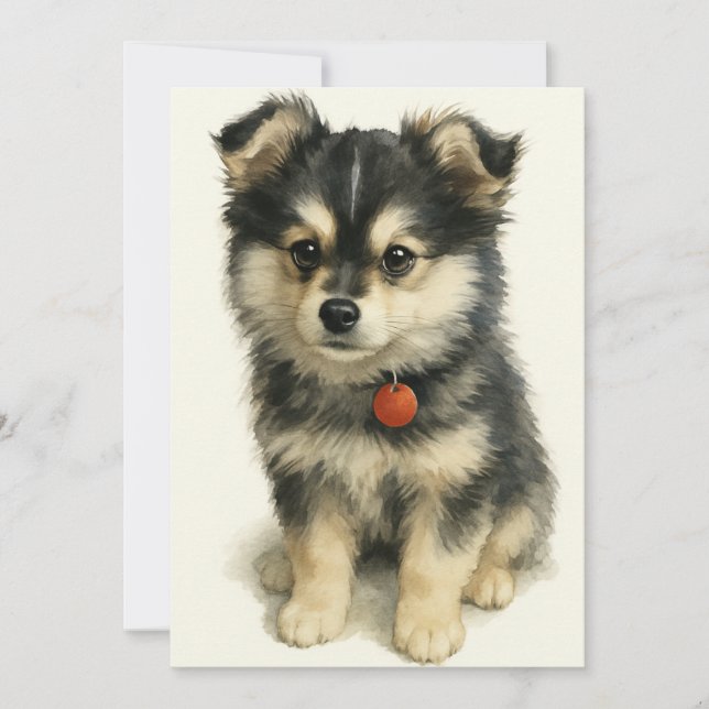 Adorable Watercolor Pomchi Puppy  Tack Kort (Framsida)