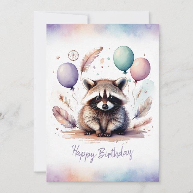 Adorable Watercolor Raccoon Happy Birthday Julkort (Framsida)