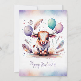 Adorable Watercolor Texas Longhorn Happy Birthday Julkort
