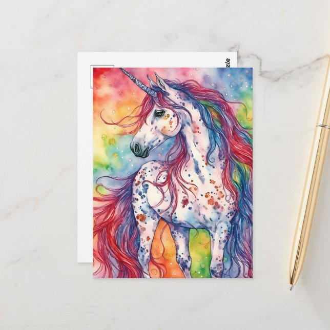 Adorable Watercolor Unicorn Vykort (Fram/Back In Situ)