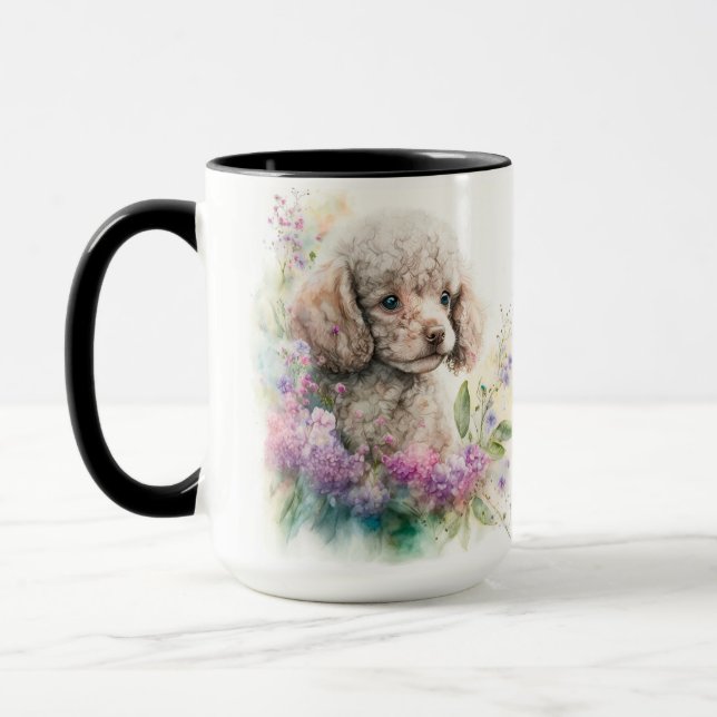 ADORABLE WATERCOLOR WHITE FRANSK PUDEL PUPPY MUGG (Vänster)