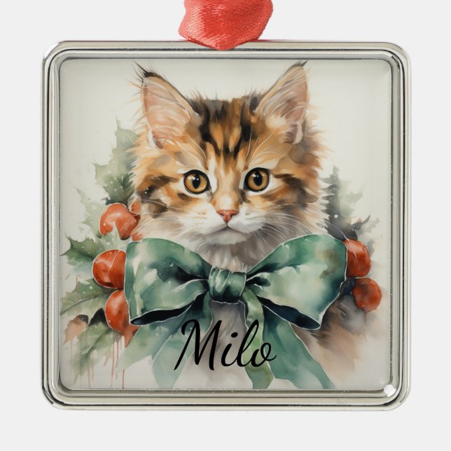 ADORABLE WATERFÄRGTABBY KITTEN MED GRÖNT BOW JULGRANSPRYDNAD METALL (Framsidan)