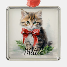 ADORABLE WATERFÄRGTABBY KITTEN MED RED BOW JULGRANSPRYDNAD METALL
