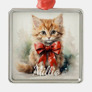 ADORABLE WATERFÄRGTABBY KITTEN MED RED BOW JULGRANSPRYDNAD METALL