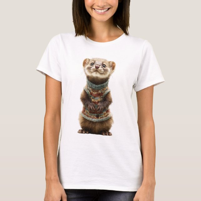 Adorable Weasel wearing a Knitted Sweater T Shirt (Framsida)