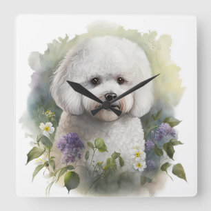 ADORABLE WHITE BICHON FRISE HUND with FLOWERS Fyrkantig Klocka
