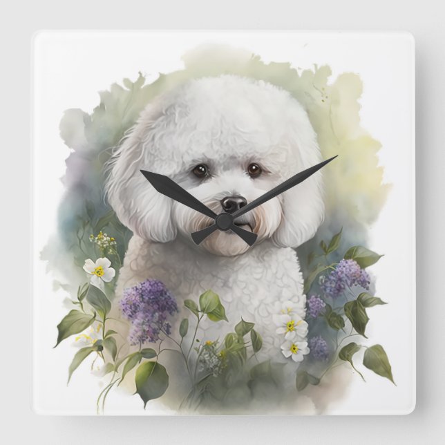ADORABLE WHITE BICHON FRISE HUND with FLOWERS Fyrkantig Klocka (Framsida)