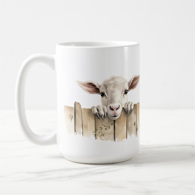 ADORABLE WHITE GOAT PEAKING over FENCE Kaffemugg (Vänster)