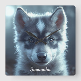 Adorable Wolf Baby in the Moonlight Fyrkantig Klocka