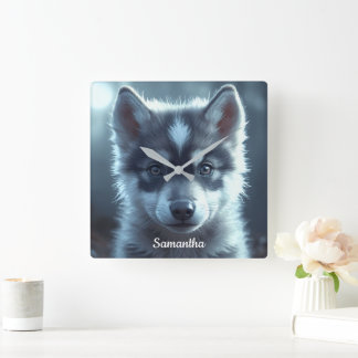 Adorable Wolf Baby in the Moonlight Fyrkantig Klocka