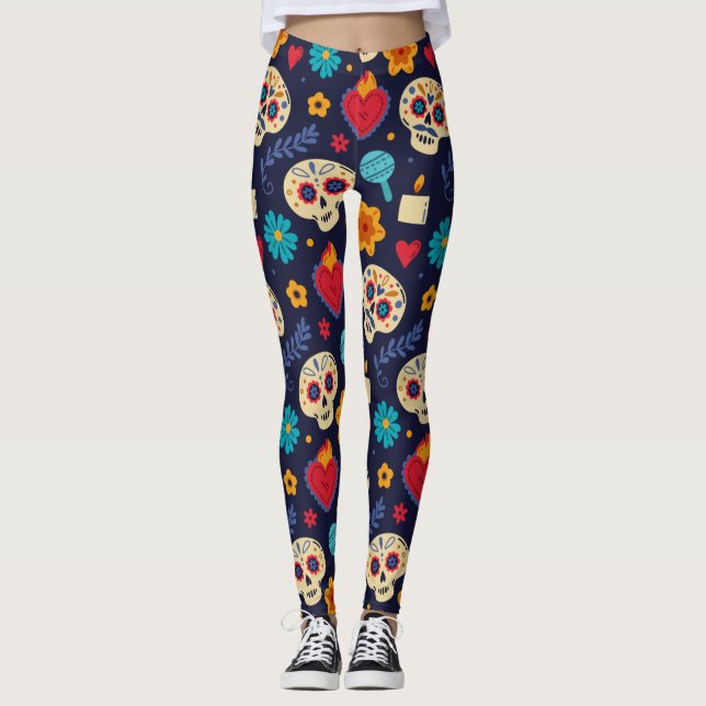 Adorables Day of the dead Calavara Stil Yoga Leggings (Framsida)