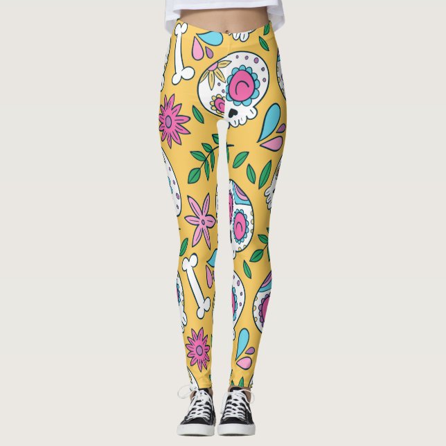 Adorables Day of the dead Calavara Stil Yoga Leggings (Framsida)