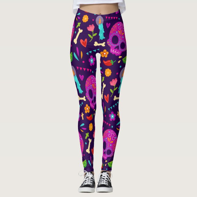 Adorables Day of the dead Calavara Stil Yoga Leggings (Framsida)