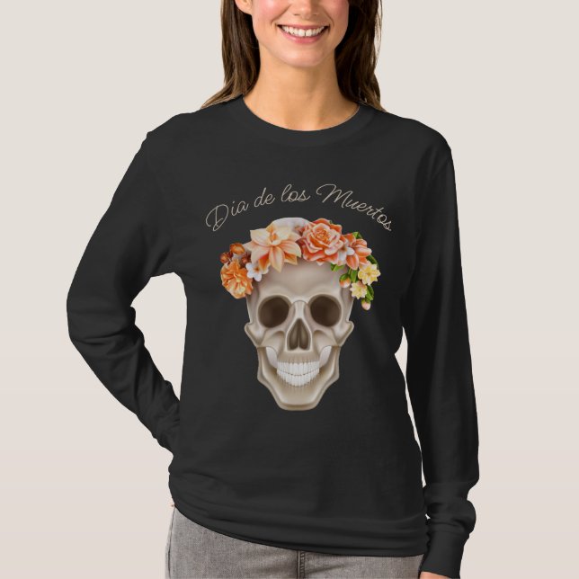 Adorables Day of the dead Skull Calavara Flowers T Shirt (Framsida)