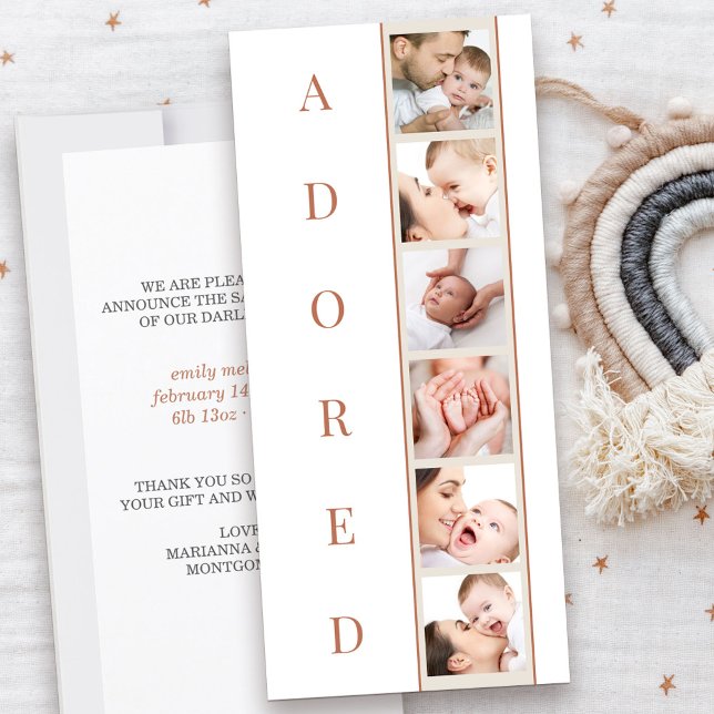 ADORED Statistik Flerfoto Födelseannons (Adored Baby Birth Announcement in terracotta with 6 photos and personal message)