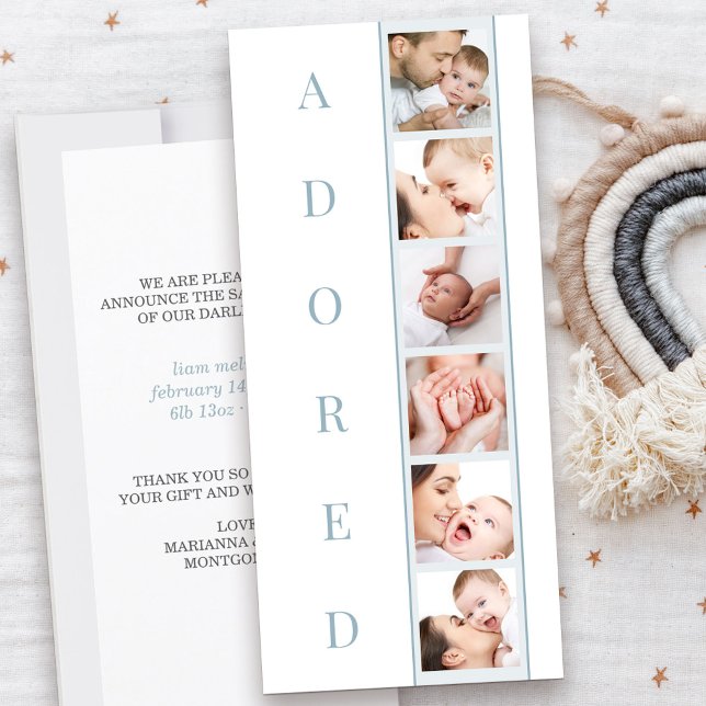 ADORED Stats Multi Photo Boy Birth-meddelande (Adored Baby Birth Announcement in blue with 6 photos and personal message)