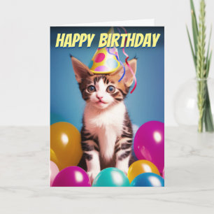Adous Birthday Kitten & Party Hat Birthday Kort