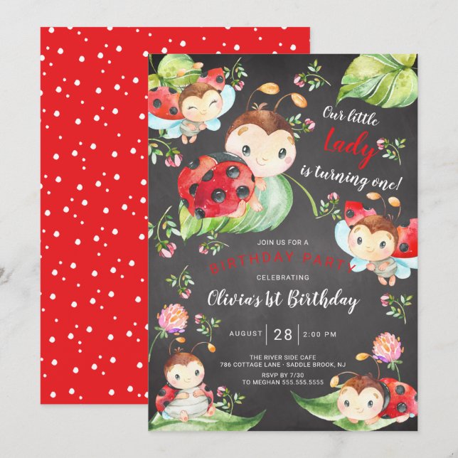 Adous Little Dam Ladybug 1st Birthday Invati Inbjudningar (Fram/baksida)