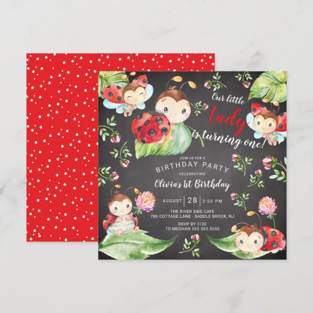 Adous Little Dam Ladybug 1st Birthday Invati Inbjudningar (Fram/baksida)