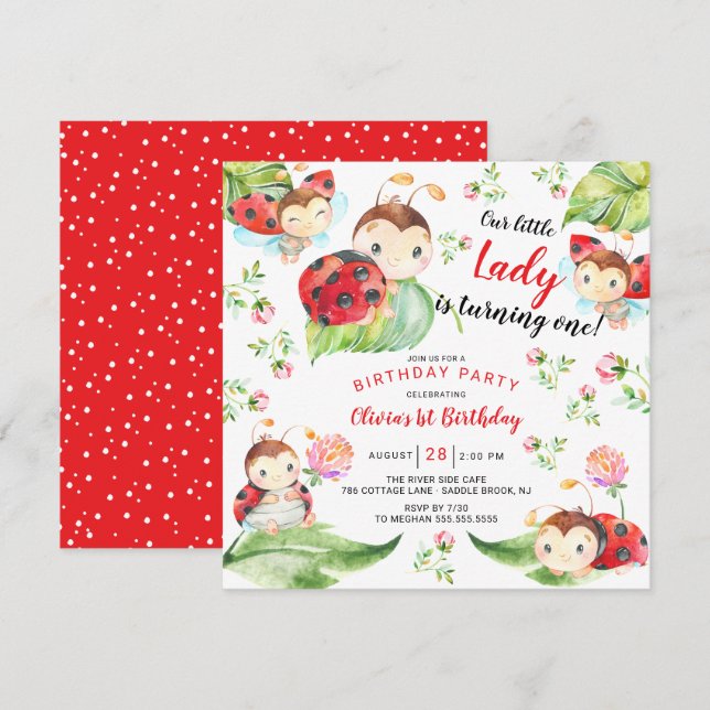 Adous Little Dam Ladybug 1st Birthday Invati Inbjudningar (Fram/baksida)