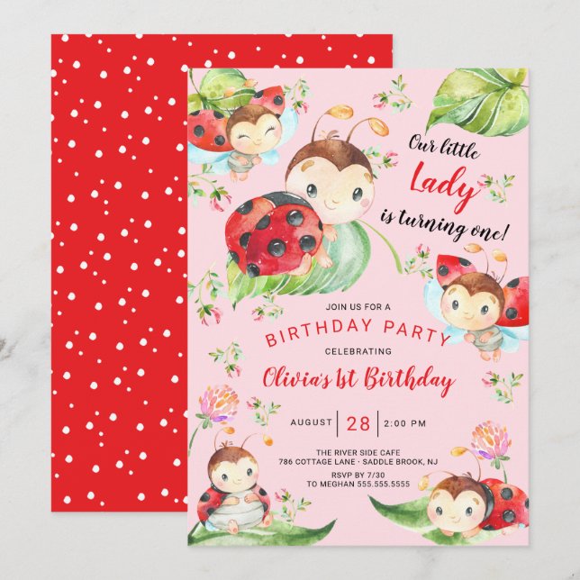 Adous Little Dam Ladybug 1st Birthday Invati Inbjudningar (Fram/baksida)