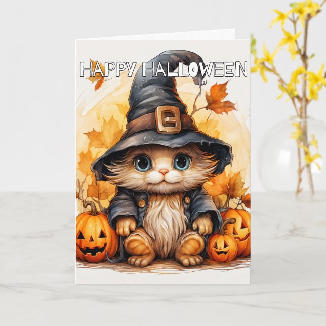 Adous Little Kitten Cat Witch | HAPPY HALLOWEEN Kort (Gul blomma)