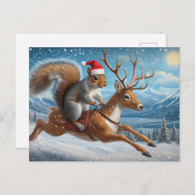 Adous Squirrel Santa Reindeer jul Snowing Vykort (Fram/baksida)