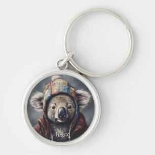 Adreatable koala med söt hatt som kan användas rund silverfärgad nyckelring