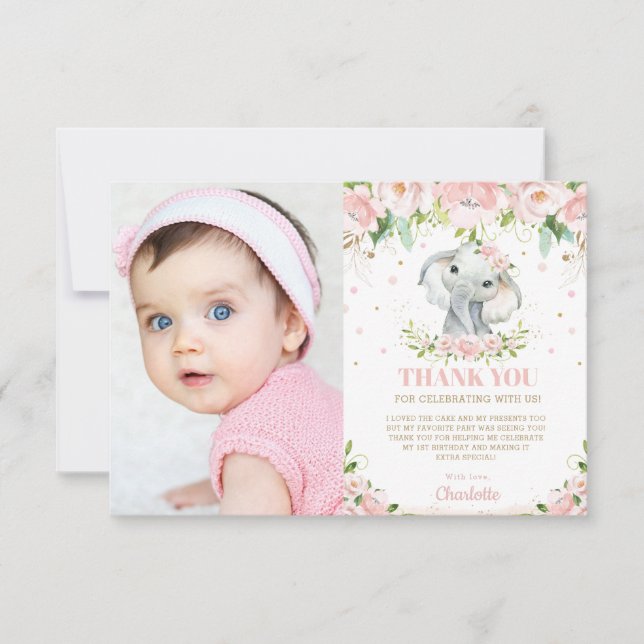 Adress Elephant Rosa Blommigt Girl 1st Bird Day Tack Kort (Framsida)