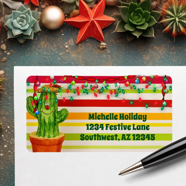 Adress för jul för gullig helgdagkaktus adressetikett (Cute Holiday Cactus Southwestern Christmas Address Label)
