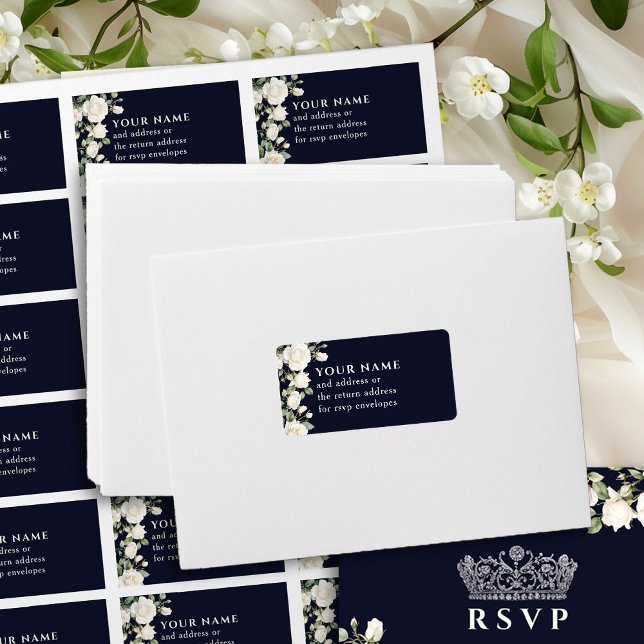 Adress för OSA om mörk blått Vit ros Adressetikett (RSVP envelope address labels from Princess Dress and Roses Quinceanera collection by Darling & May)