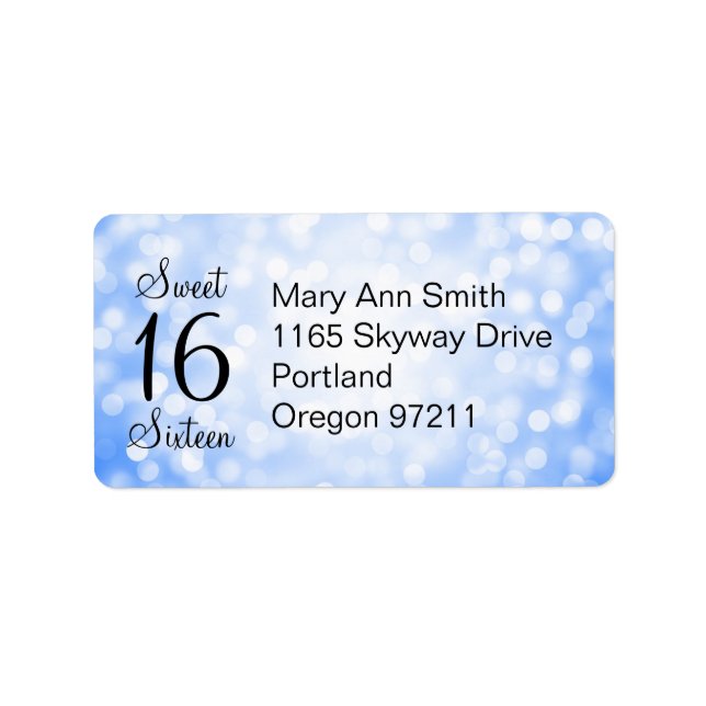 Adress Sweet 16 Birthday Blue Glitter Ljus Adressetikett (Framsidan)