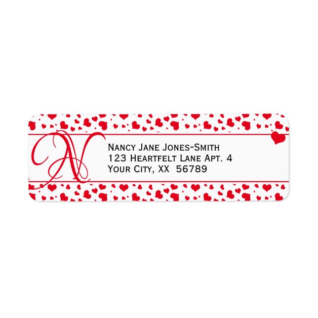 Adress Valentine Red Hearts Random Mönster Returadress Etikett (Framsidan)