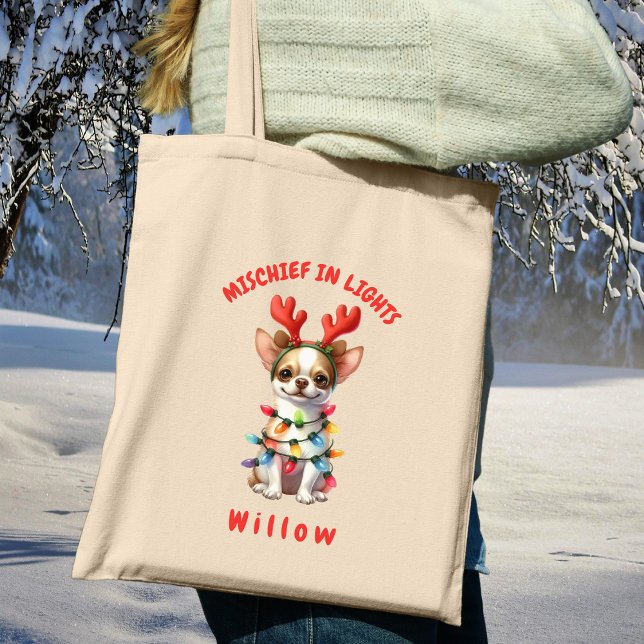 Adress Watercolor Chihuahua jul Ljus Hund Tygkasse (Carry festive cheer with this custom fun Chihuahua dog tote bag. A perfect gift for dog lovers.)