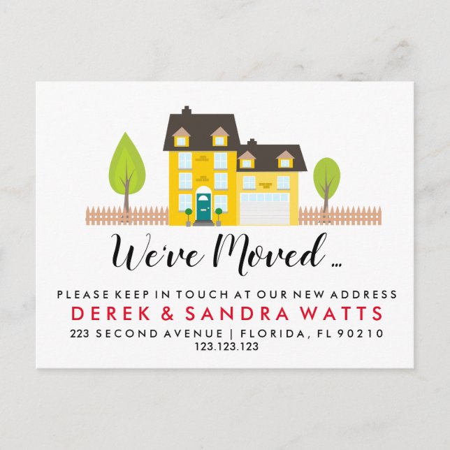 Adressändring gult hus vi har flyttat hus meddelande vykort (Framsida)