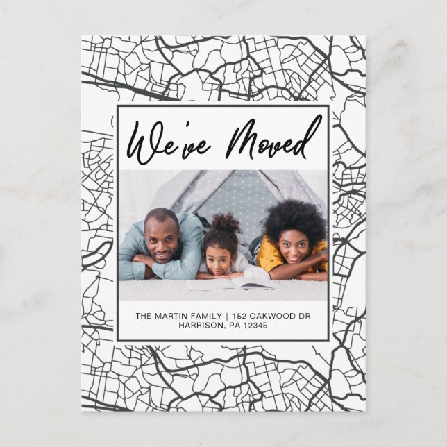 Adressändring Svart och Vitt Kartdesign Foto Meddelande Vykort (Framsida)