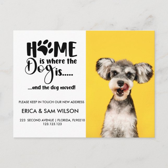 Adressändring vi har flyttat hus hemma är hund  meddelande vykort (Framsida)