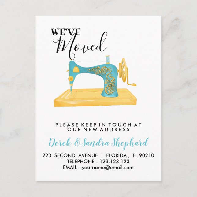 Adressändring vi har flyttat symaskin meddelande vykort (Framsida)