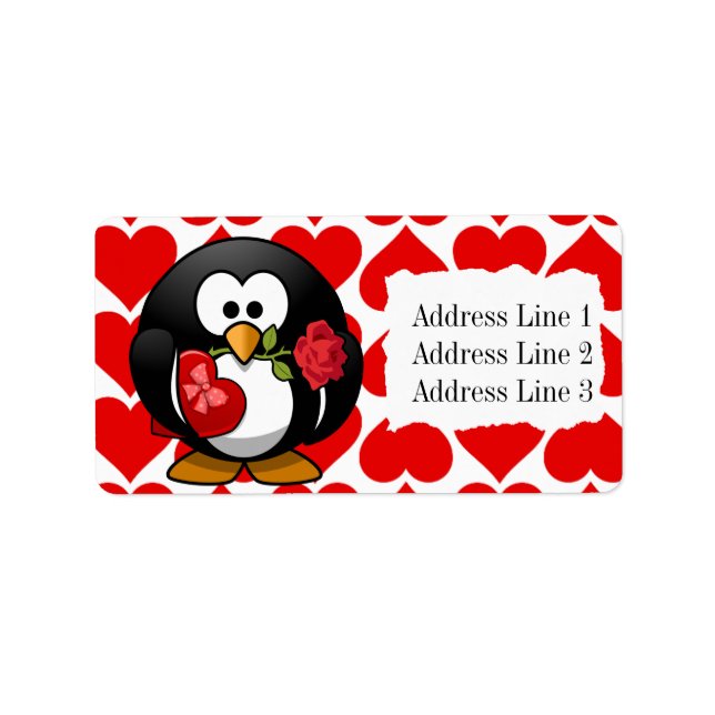 Adressetikett Cute Penguin och Hearts Valentine (Framsidan)