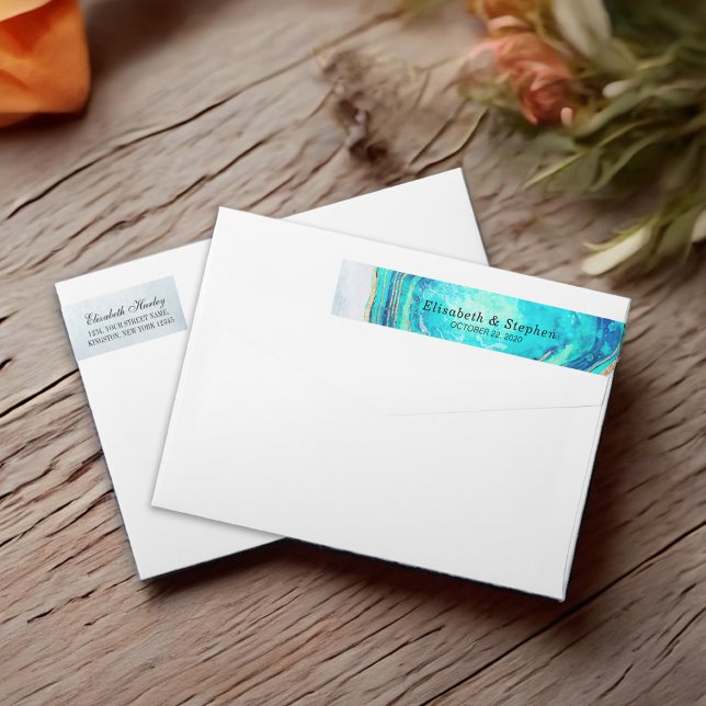 Adressetikett Elegant Modern Teal Guld Agate Geode Etikettband (Skapare uppladdad)