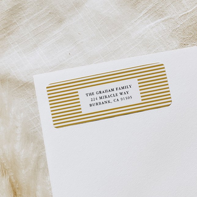 Adressetikett för återsändande till guld Streck Returadress Etikett (Gold and white pinstripe modern return address labels.)