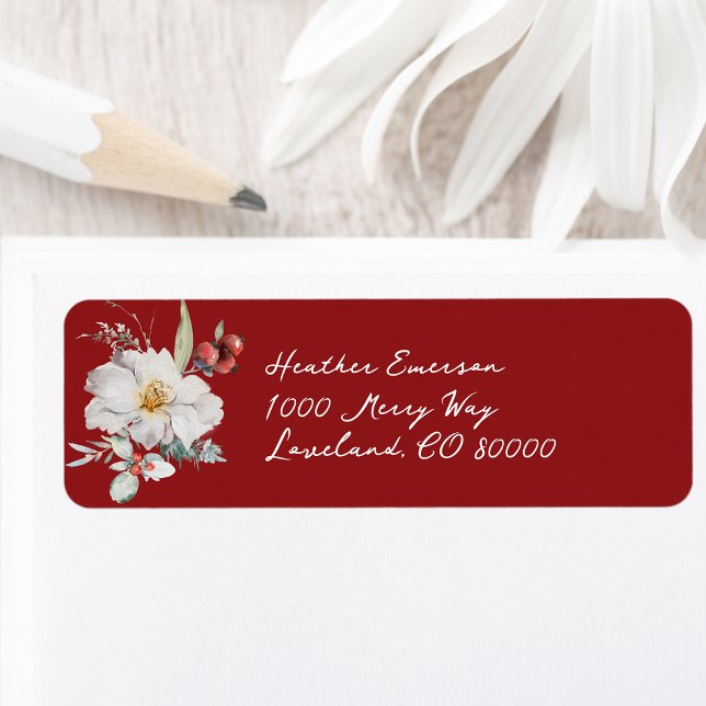 Adressetikett för botaniskt återvändande till jul returadress etikett (Christmas Cream Red Green Watercolor Botanical Return Address Label Personalized by Painted Paperie
)