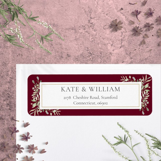 Adressetikett för Burgundy Botanical Greenery Foli Returadress Etikett (Burgundy Botanical Greenery Foliage Address Label)